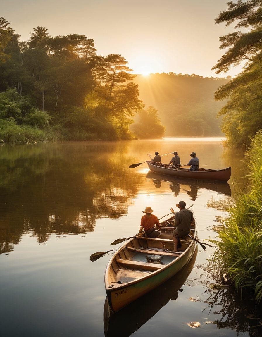 A serene lakeside scene showcasing a diverse group of happy fishermen using eco-friendly gear, surrounded by lush greenery and wildlife, with biodegradable fishing tackle visible. The sun sets in the background, casting a warm glow over the water. Include a canoe with vibrant colors and a subtle hint of local flora. nature photography. warm tones. vibrant colors. high detail.