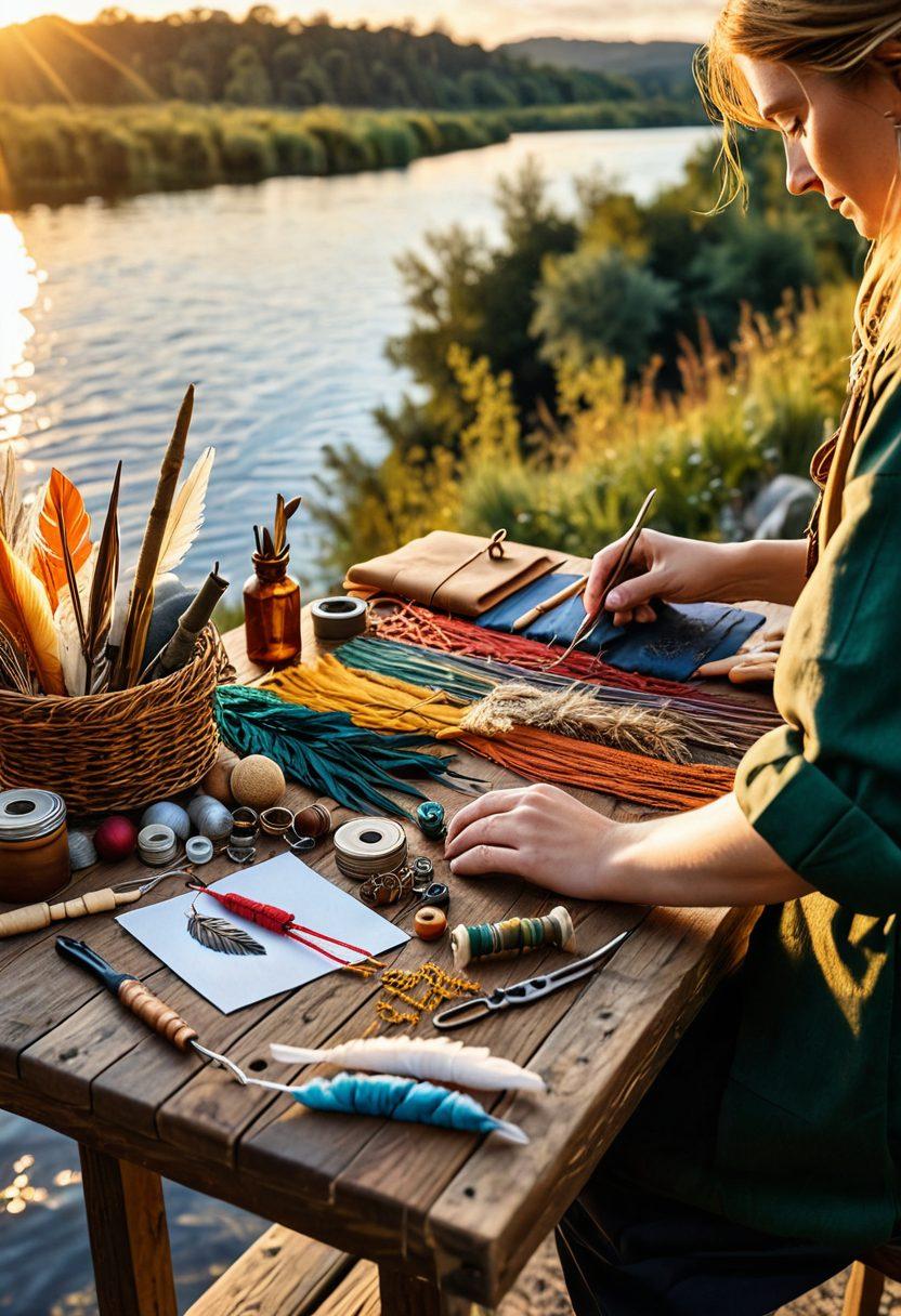 A quaint, rustic crafting table filled with colorful threads, feathers, and tools used for fly crafting. In the background, a picturesque nature scene showcases a serene river with fishermen casting their lines, all under the golden light of a setting sun. A close-up perspective focuses on hands skillfully tying a fly, embodying creativity and craftsmanship. The atmosphere is warm and inviting, promoting the joy of crafting on a budget. vibrant colors. super-realistic.