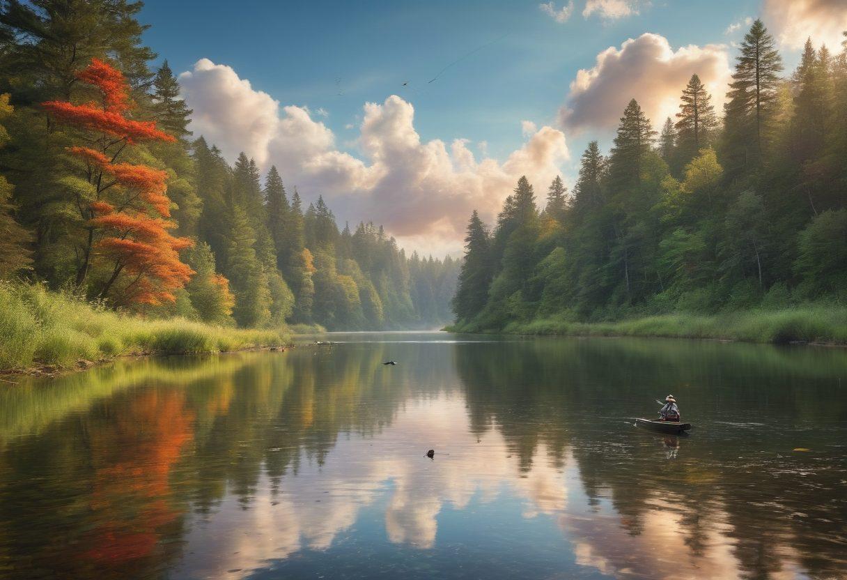 A serene lakeside scene featuring a budget-conscious angler in casual clothing, casting a rod with an array of colorful yet affordable fly fishing gear on the bank. Lush greenery surrounds the water with flying insects visible, enhancing the atmosphere of a budget-friendly fishing adventure. The sky is bright, with a few fluffy clouds to add depth. super-realistic. vibrant colors. natural background.
